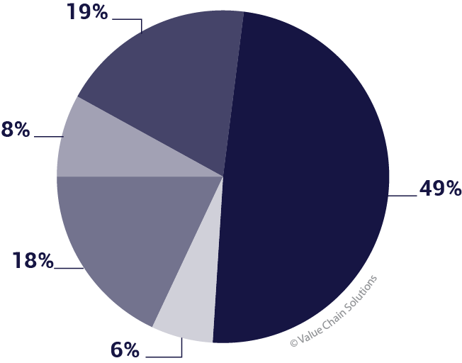 Pie chart indicating percentage losses at each stage of the value chain.